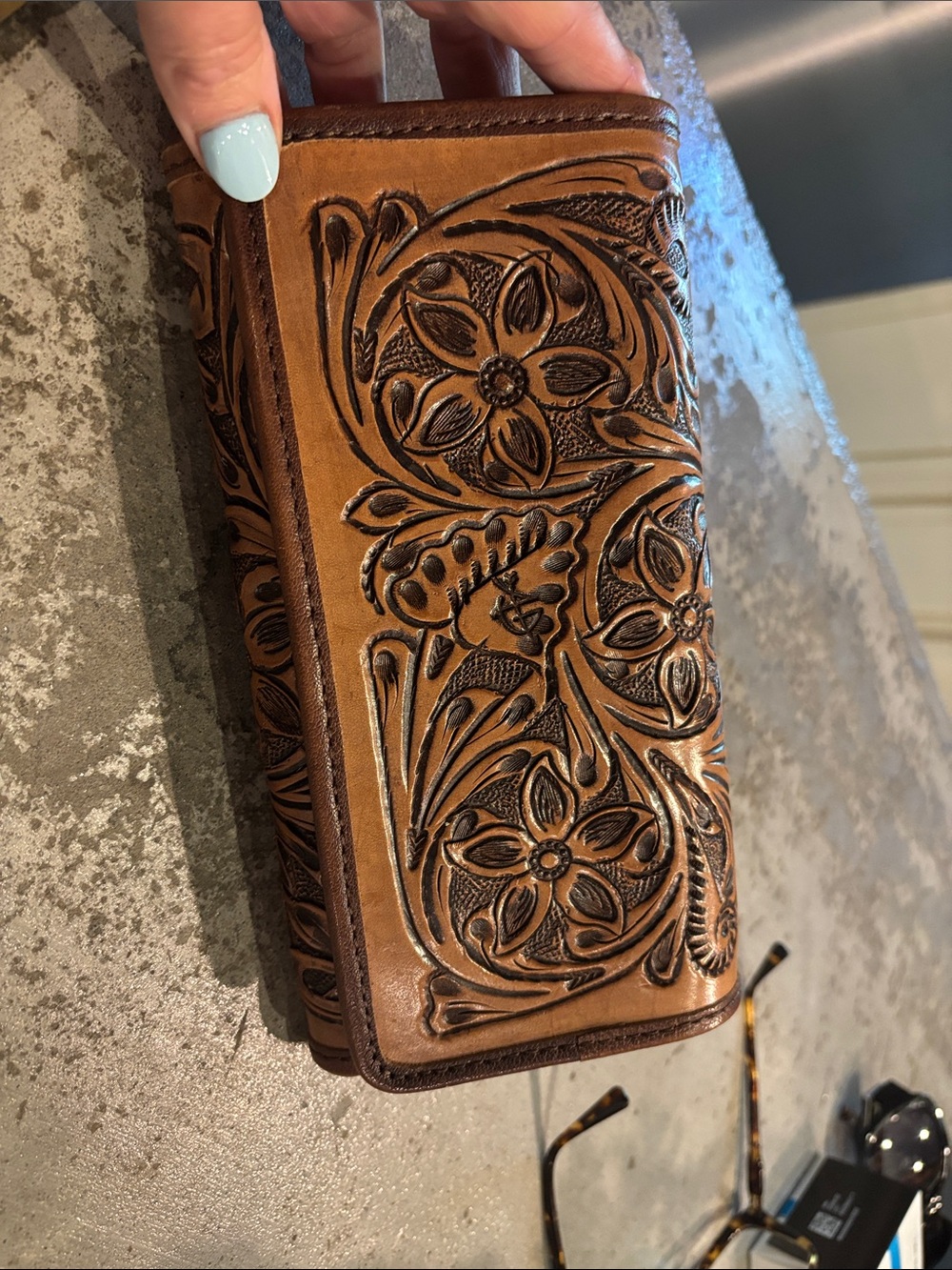 American Darling Hand-Tooled Brown Leather Wallet - Classic Floral Design-